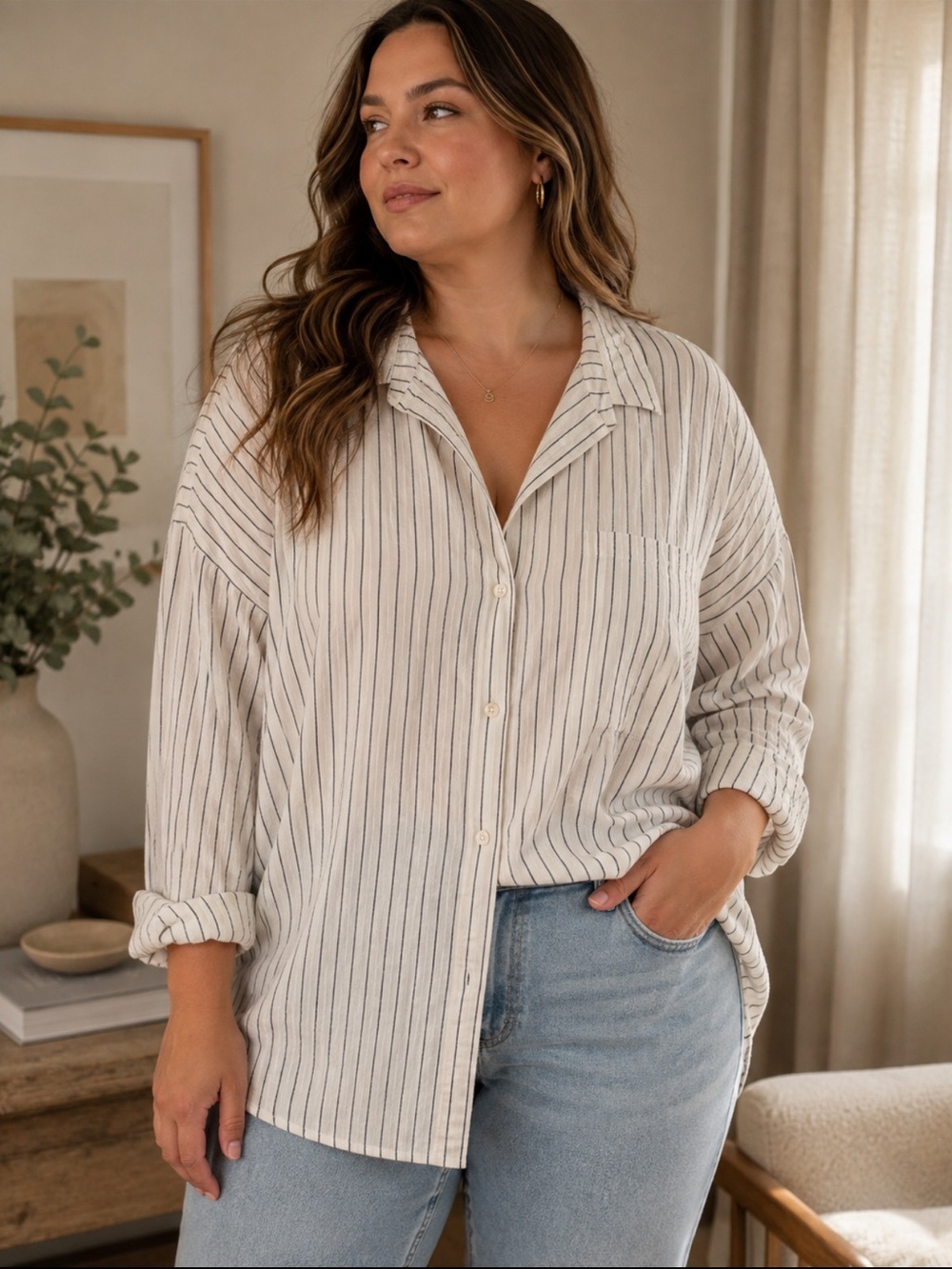 Joe Fresh White Shirt with Black Pinstripes